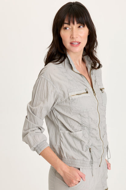 Amis Textured Stretch Cinchable Front Bomber Jacket Earl Grey Pigment - XCVI