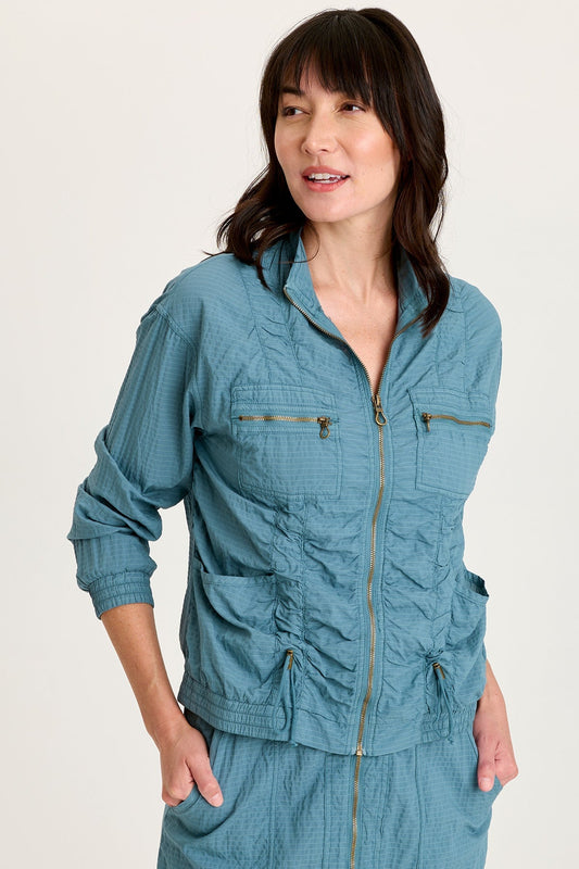 Amis Textured Stretch Cinchable Front Bomber Jacket Dark Night - XCVI