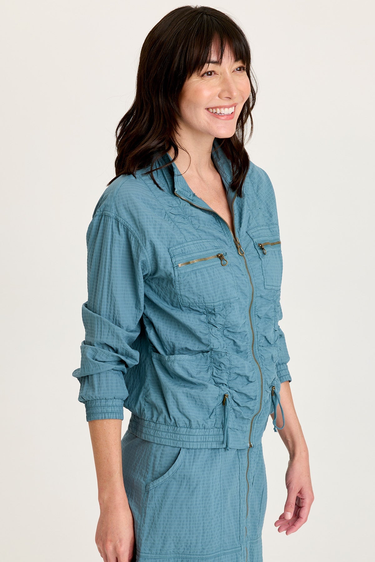 Amis Textured Stretch Cinchable Front Bomber Jacket Dark Night - XCVI