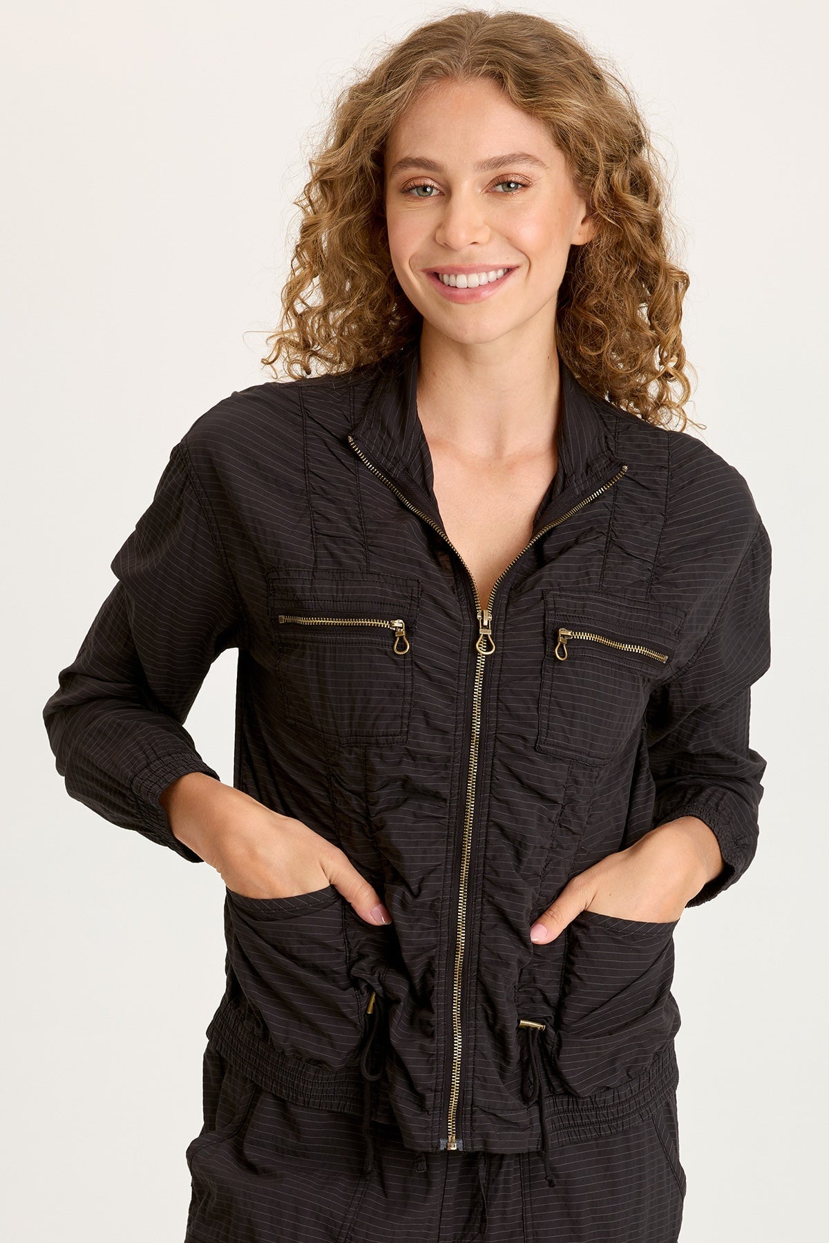 Amis Textured Stretch Cinchable Front Bomber Jacket Black - XCVI