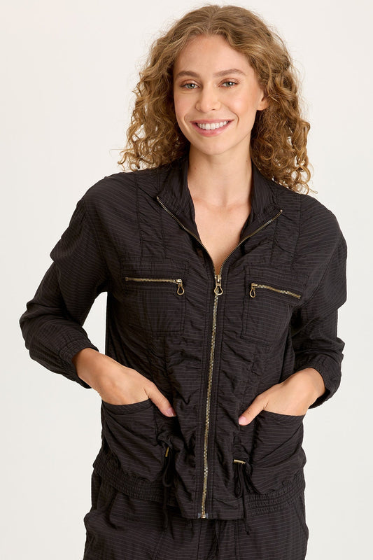 Amis Textured Stretch Cinchable Front Bomber Jacket Black - XCVI
