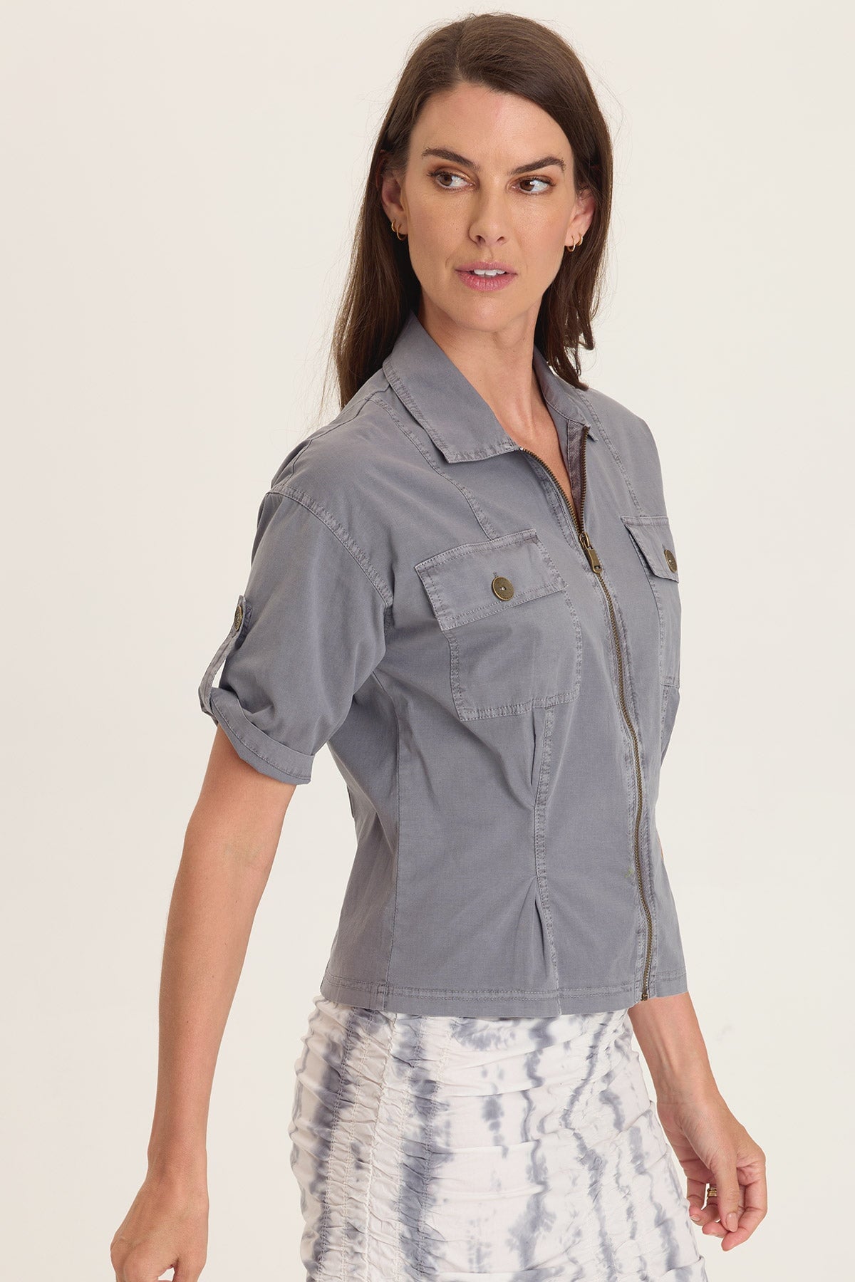 Wearables Tammen Dart Tucks Tabbed Sleeves Elastic Cinched Back Jacket Nebulous Pigment - XCVI
