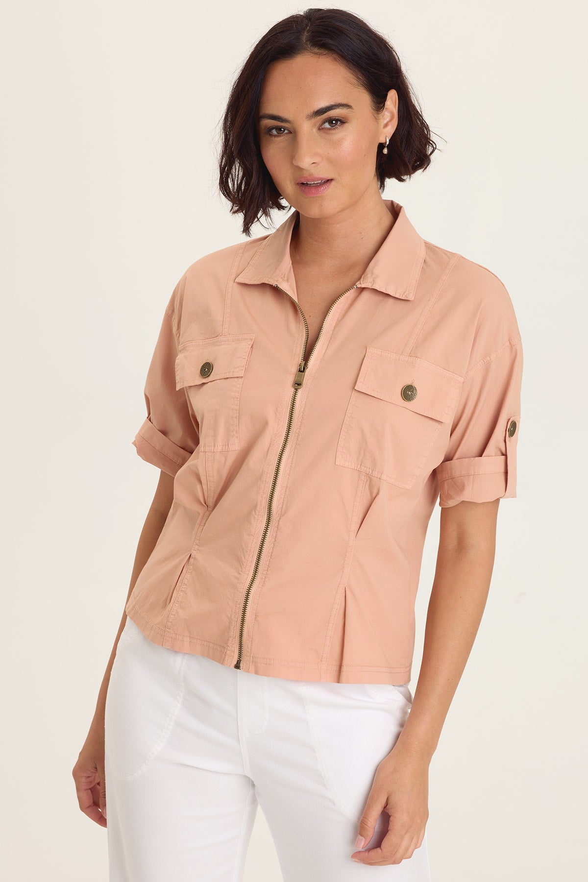 Wearables Tammen Dart Tucks Tabbed Sleeves Elastic Cinched Back Jacket Burnished Caramel Pigment - XCVI