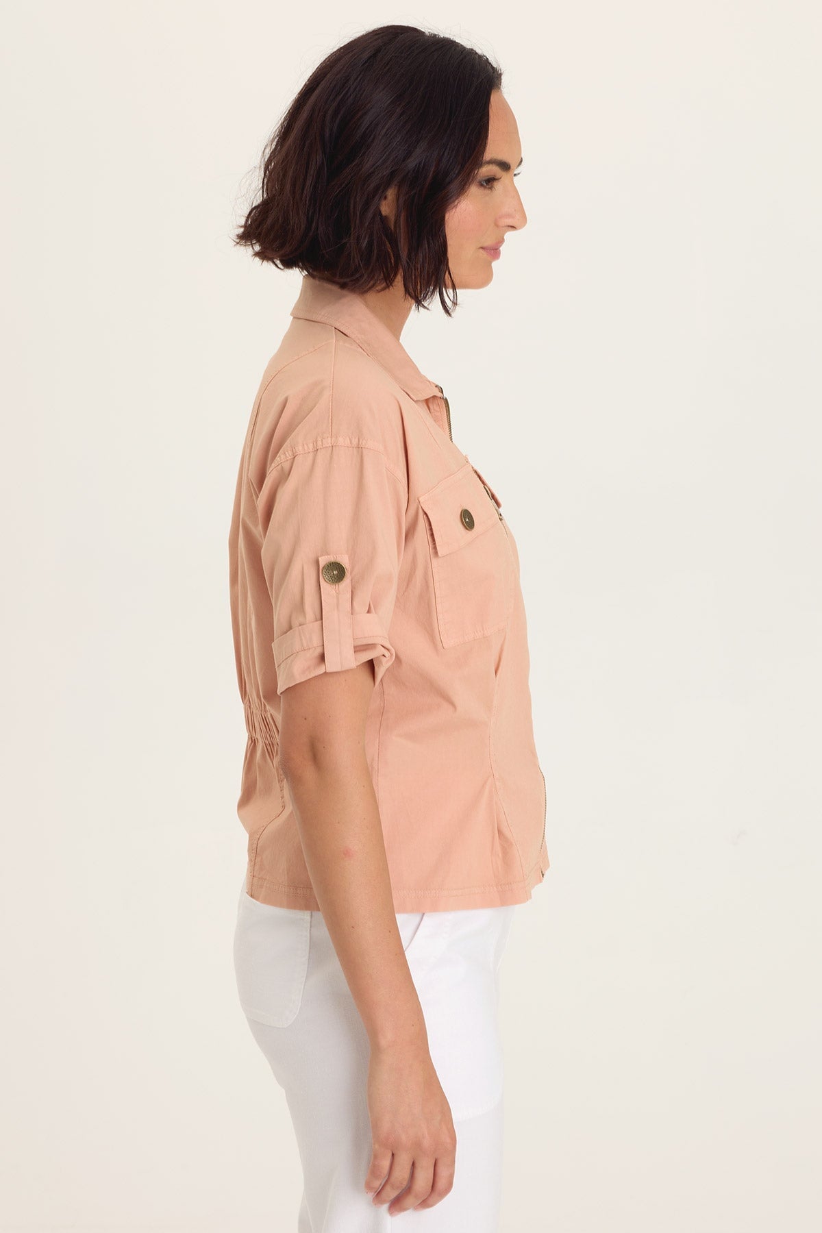 Wearables Tammen Dart Tucks Tabbed Sleeves Elastic Cinched Back Jacket Burnished Caramel Pigment - XCVI