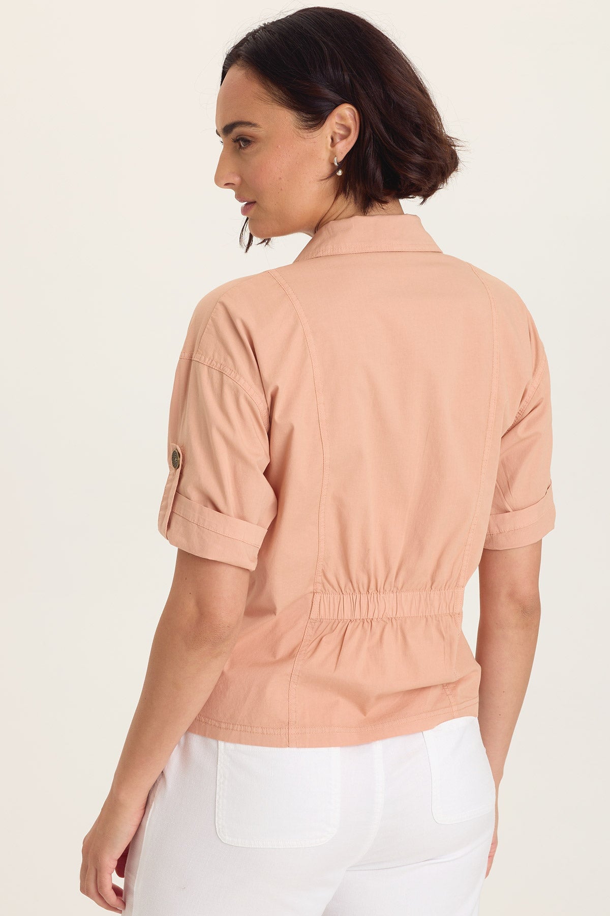 Wearables Tammen Dart Tucks Tabbed Sleeves Elastic Cinched Back Jacket Burnished Caramel Pigment - XCVI