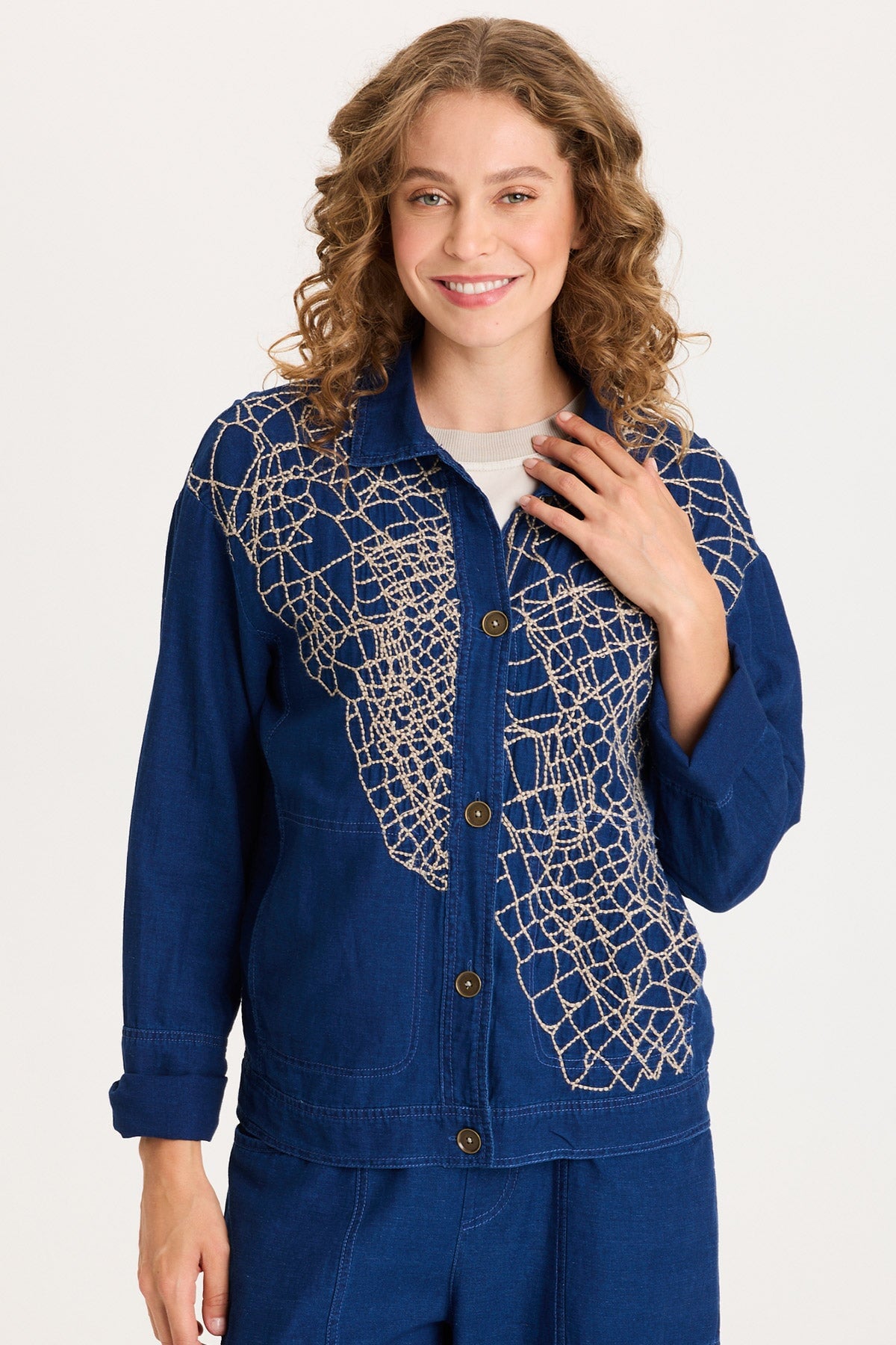 Mock-Denim Embroidered Button-Front Utility Helm Jacket Sluice Wash - XCVI