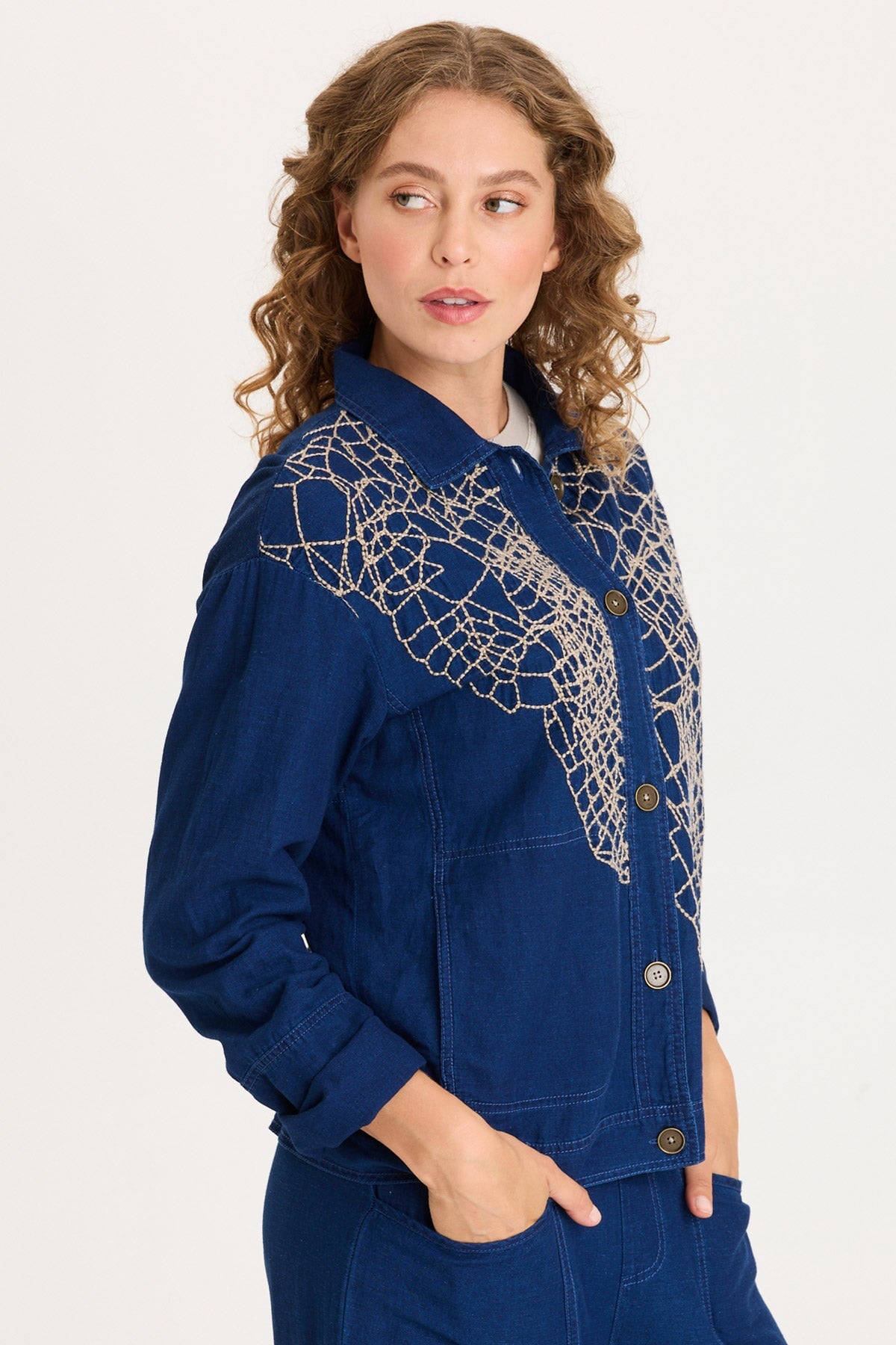 Mock-Denim Embroidered Button-Front Utility Helm Jacket Sluice Wash - XCVI