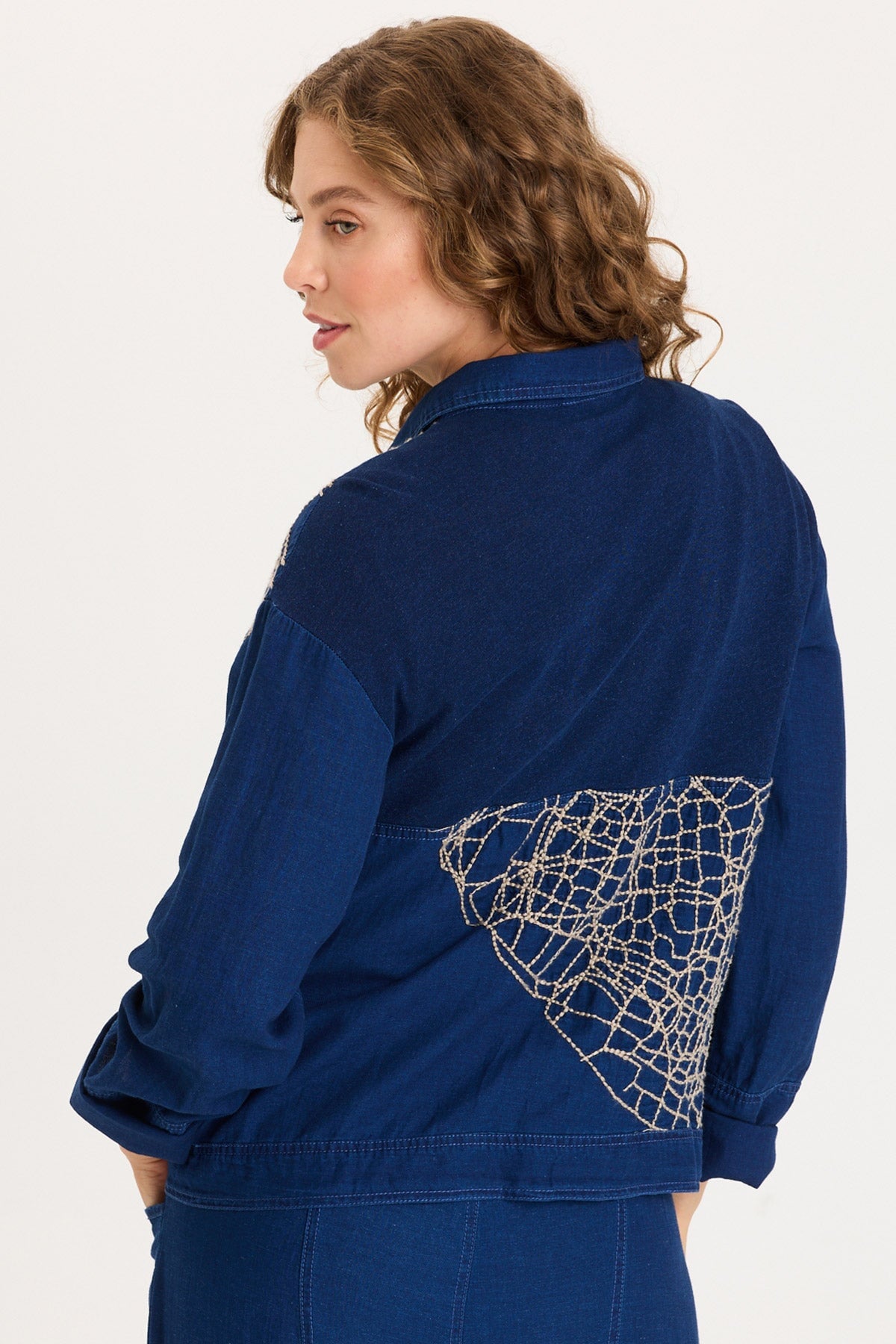 Mock-Denim Embroidered Button-Front Utility Helm Jacket Sluice Wash - XCVI