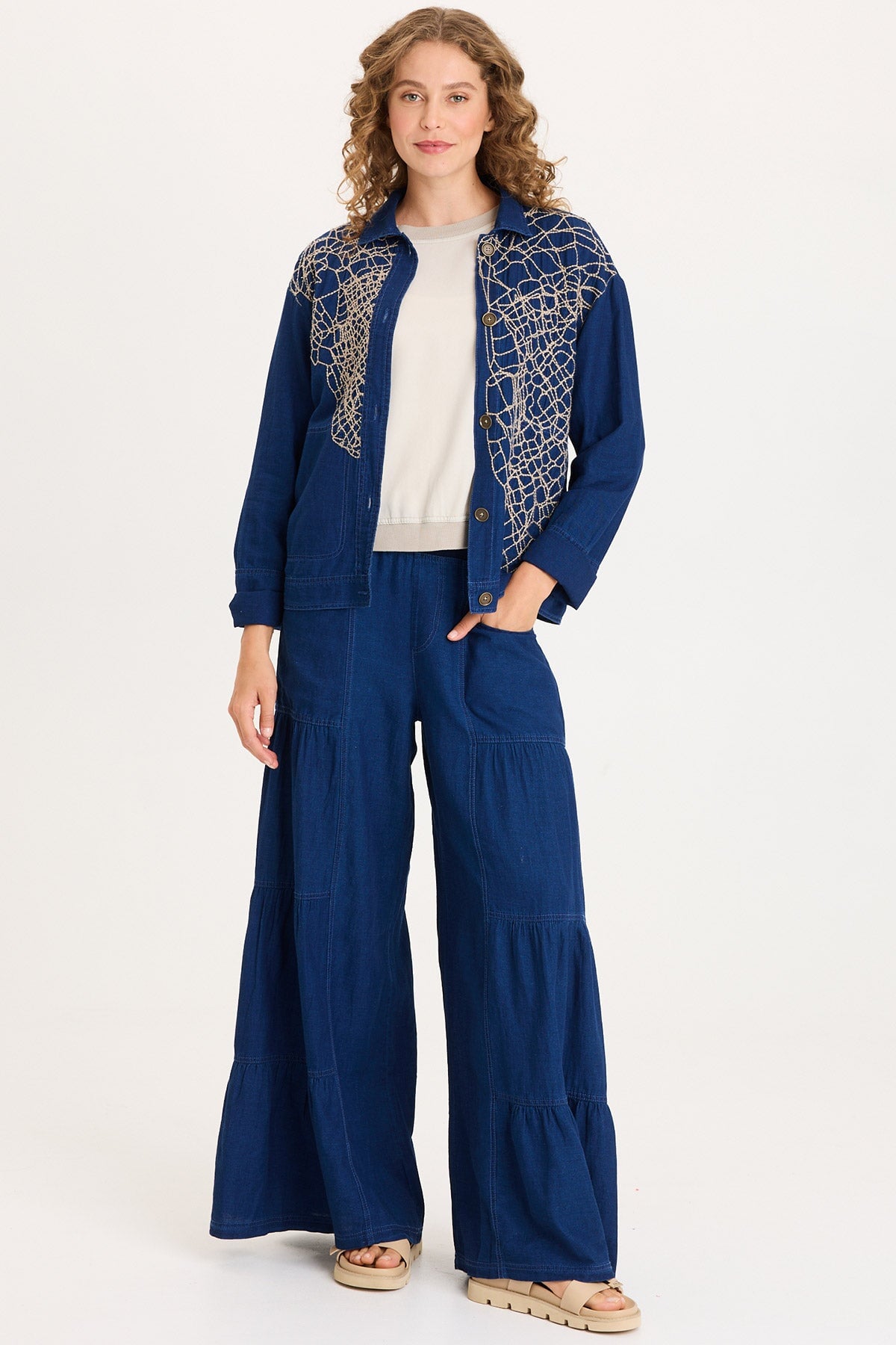 Mock-Denim Embroidered Button-Front Utility Helm Jacket Sluice Wash - XCVI