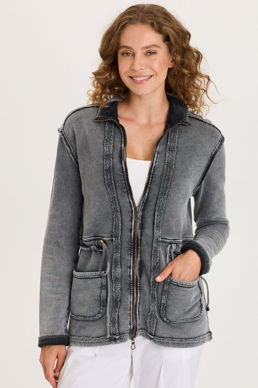 Lemont Cinchable Waist with Front Pockets and Zip Up Closure Fleece Jacket Distress Wash Black - XCVI