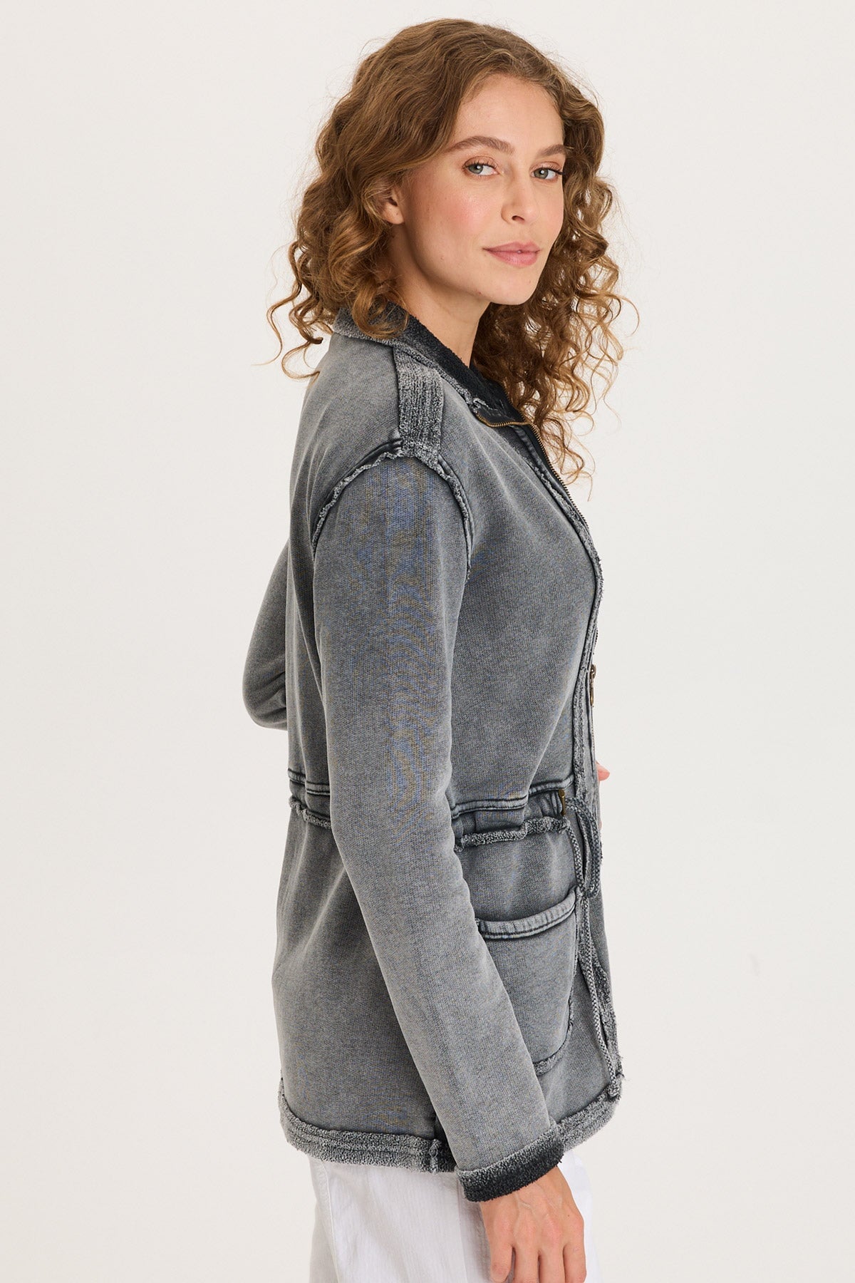 Lemont Cinchable Waist with Front Pockets and Zip Up Closure Fleece Jacket Distress Wash Black - XCVI