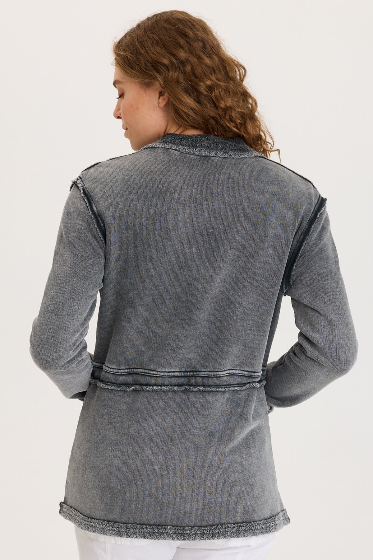 Lemont Cinchable Waist with Front Pockets and Zip Up Closure Fleece Jacket Distress Wash Black - XCVI