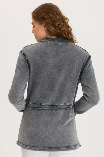 Lemont Cinchable Waist with Front Pockets and Zip Up Closure Fleece Jacket Distress Wash Black - XCVI