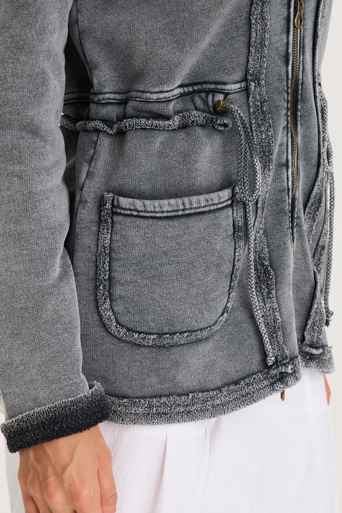 Lemont Cinchable Waist with Front Pockets and Zip Up Closure Fleece Jacket Distress Wash Black - XCVI