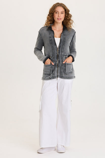 Lemont Cinchable Waist with Front Pockets and Zip Up Closure Fleece Jacket Distress Wash Black - XCVI