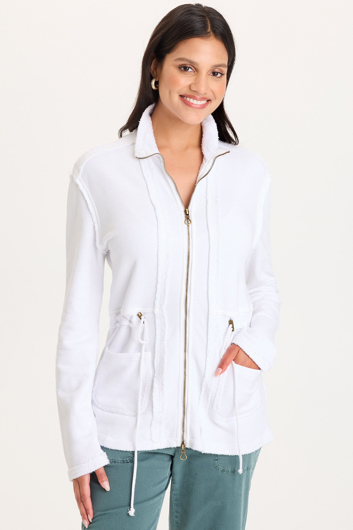 Lemont Cinchable Waist with Front Pockets and Zip Up Closure Fleece Jacket White - XCVI