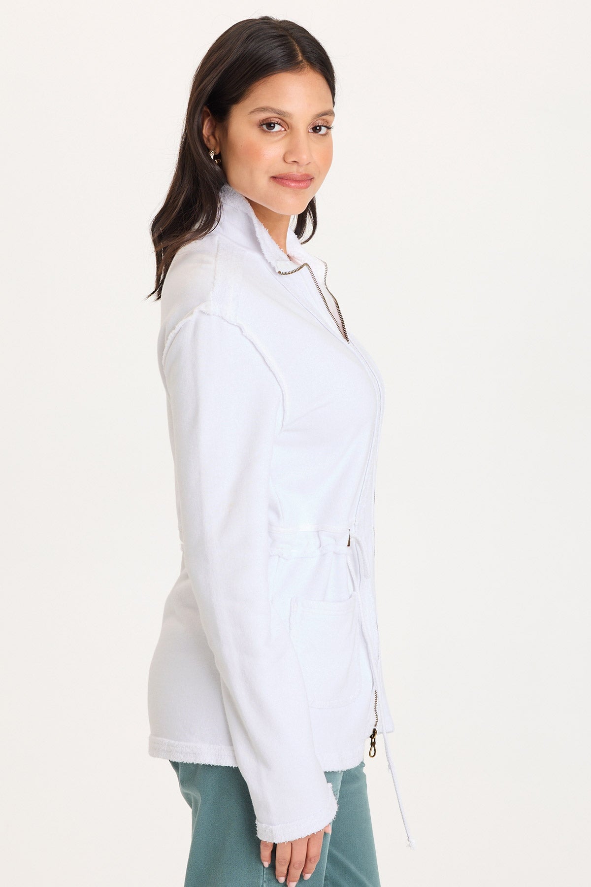 Lemont Cinchable Waist with Front Pockets and Zip Up Closure Fleece Jacket White - XCVI