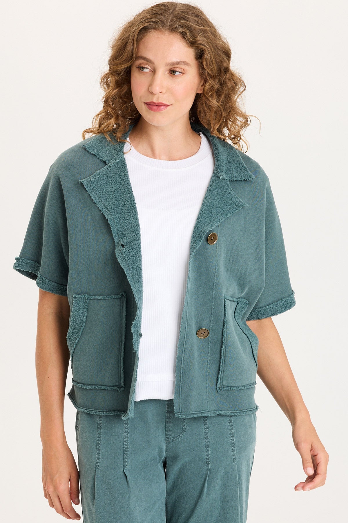 Kennison Short Sleeve Double Breasted Boxy Capelet with Reverse Fleece Pockets Ocean Storm Pigment - XCVI