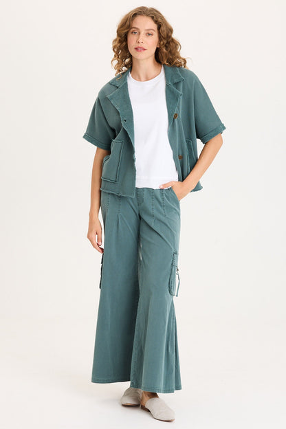 Kennison Short Sleeve Double Breasted Boxy Capelet with Reverse Fleece Pockets Ocean Storm Pigment - XCVI