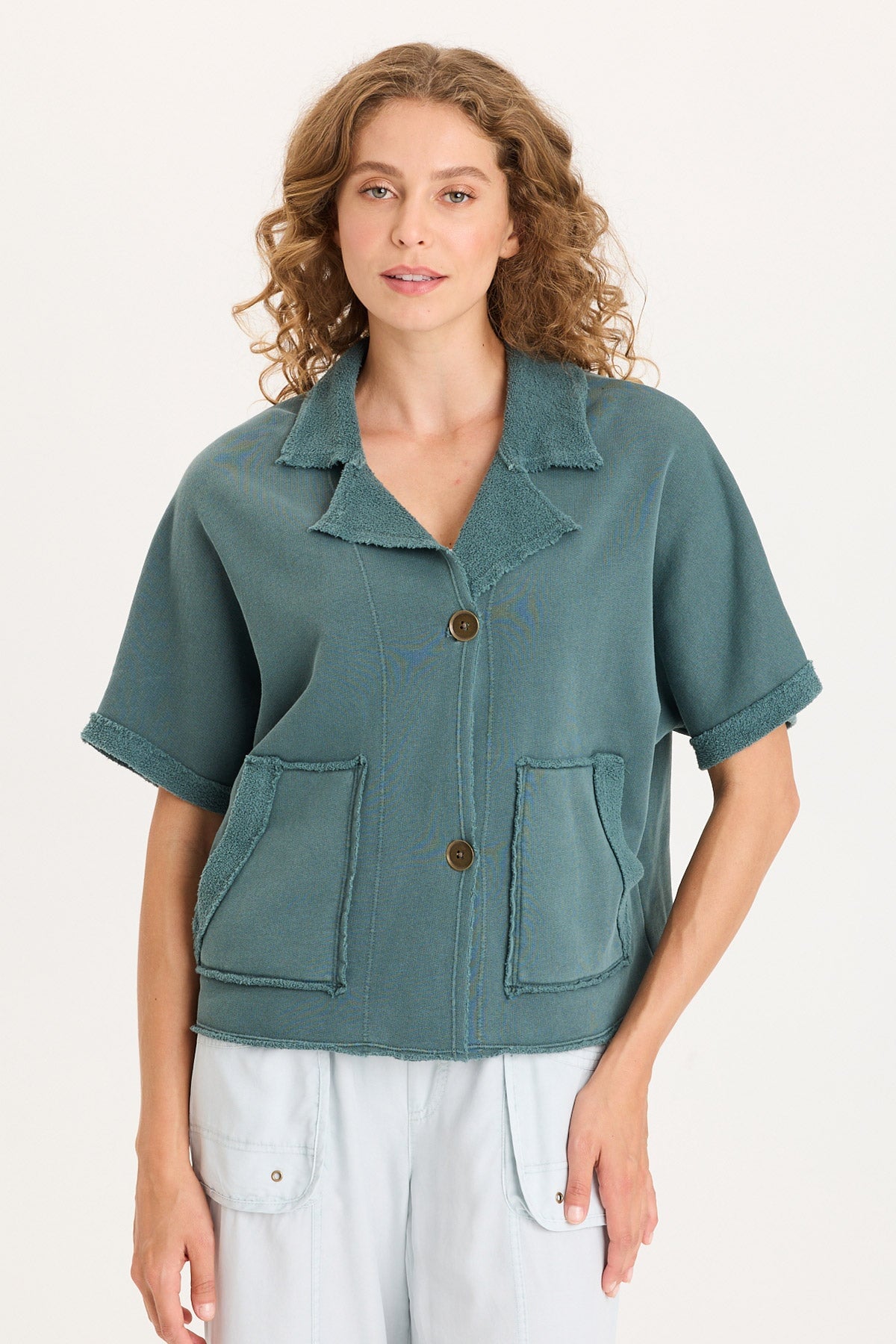 Kennison Short Sleeve Double Breasted Boxy Capelet with Reverse Fleece Pockets Ocean Storm Pigment - XCVI