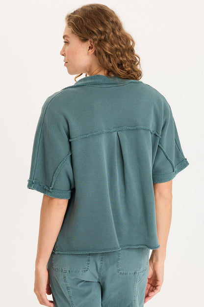 Kennison Short Sleeve Double Breasted Boxy Capelet with Reverse Fleece Pockets Ocean Storm Pigment - XCVI