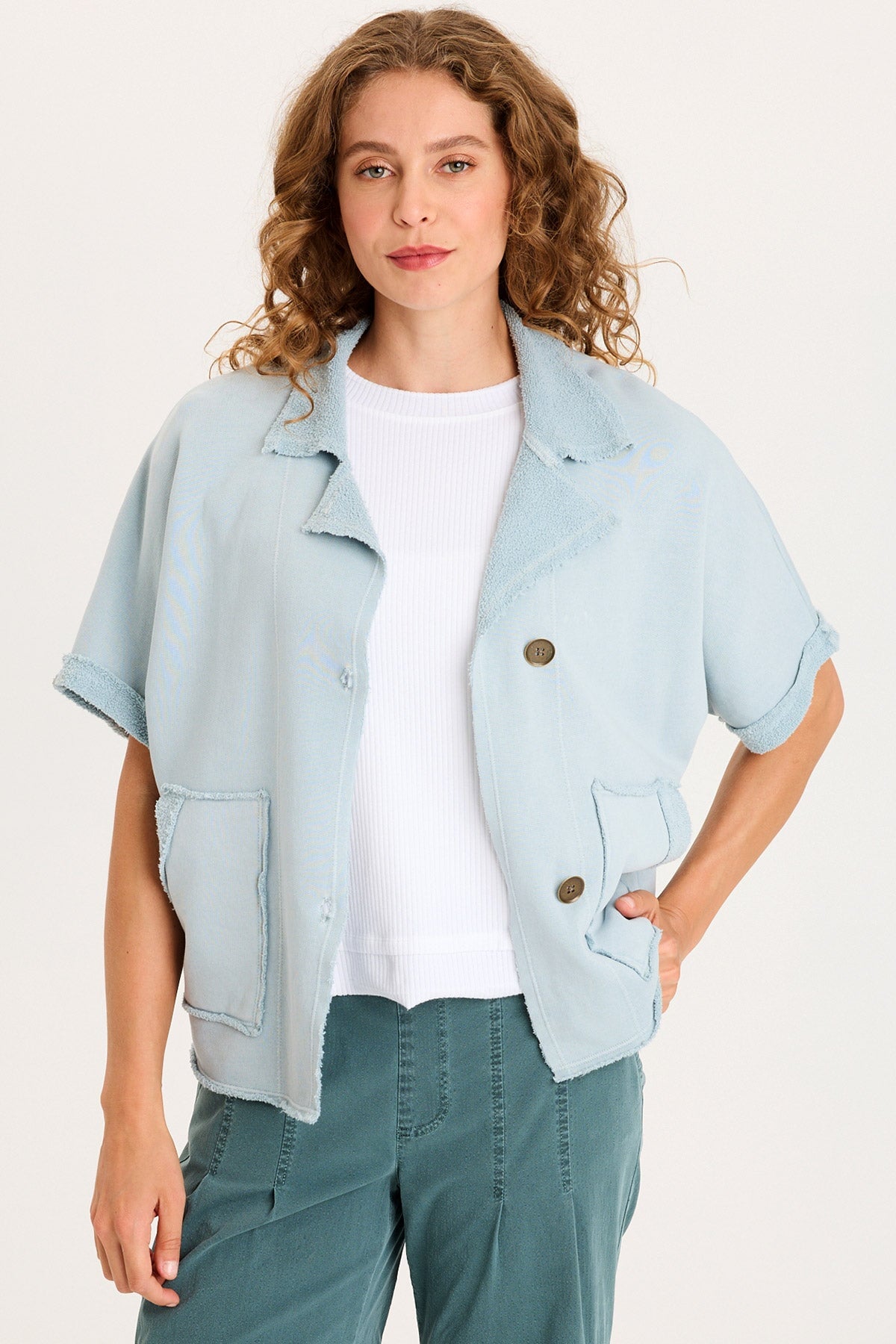 Kennison Short Sleeve Double Breasted Boxy Capelet with Reverse Fleece Pockets Carefree Pigment - XCVI