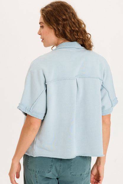 Kennison Short Sleeve Double Breasted Boxy Capelet with Reverse Fleece Pockets Carefree Pigment - XCVI