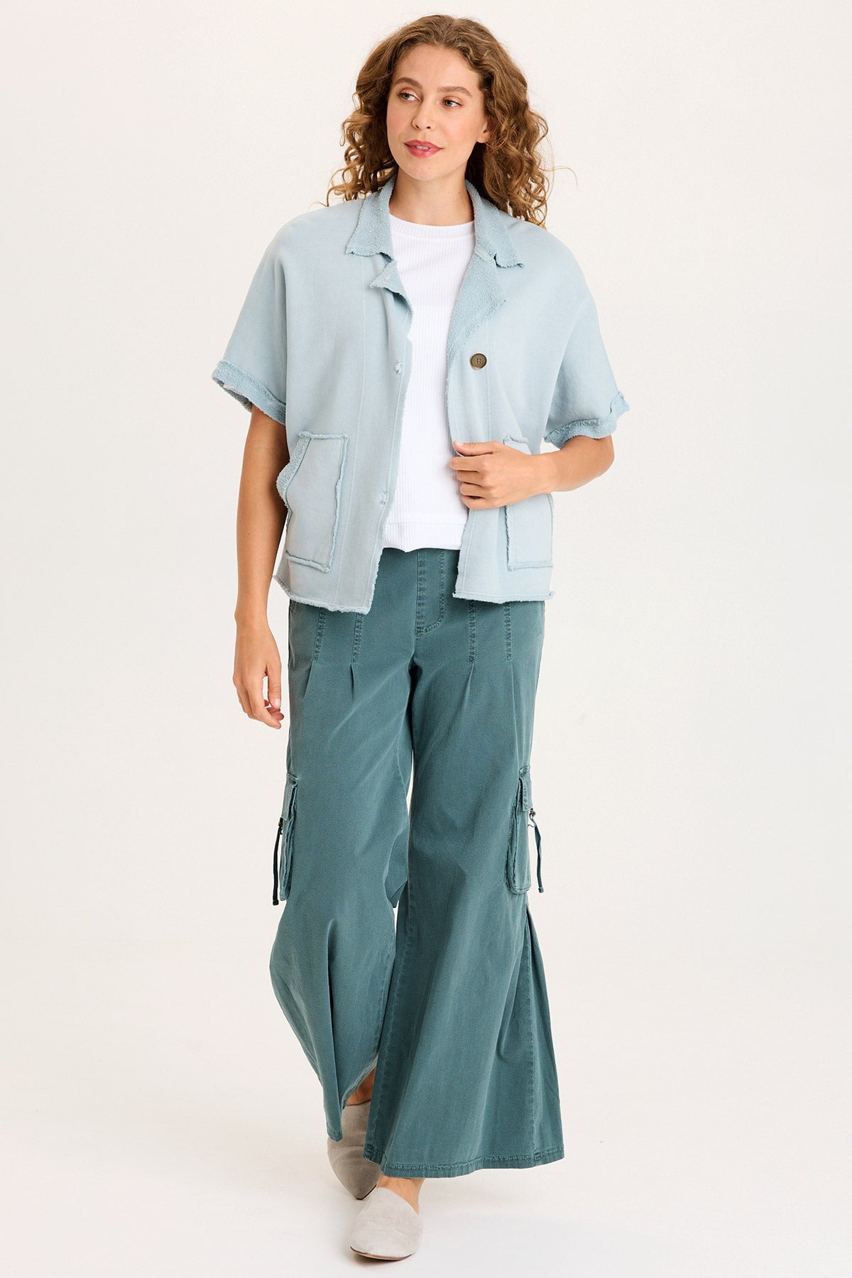 Kennison Short Sleeve Double Breasted Boxy Capelet with Reverse Fleece Pockets Carefree Pigment - XCVI