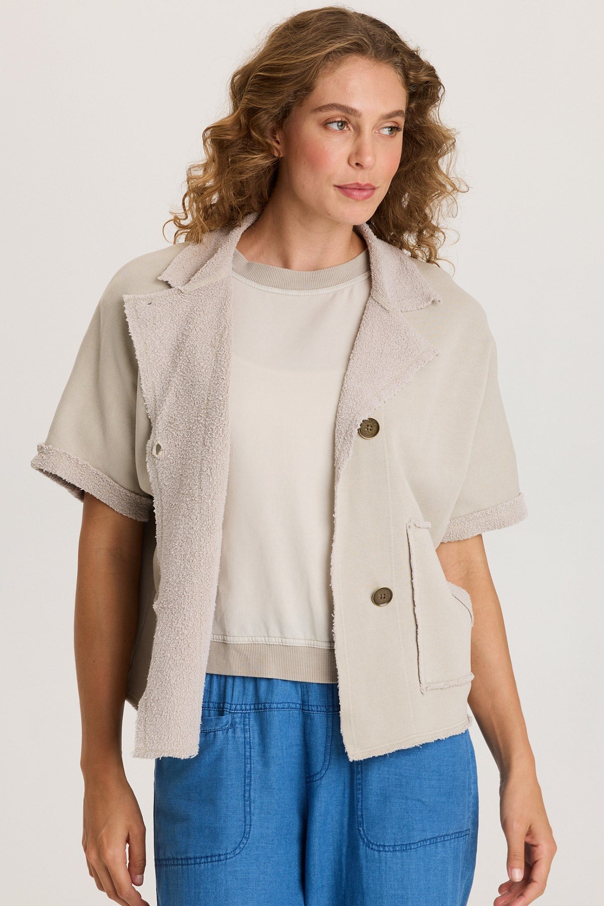 Kennison Short Sleeve Double Breasted Boxy Capelet with Reverse Fleece Pockets Center Stage Pigment - XCVI