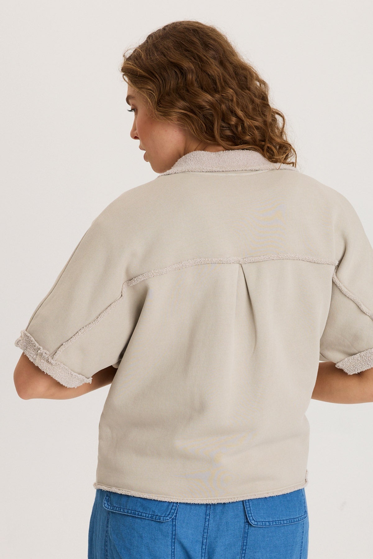 Kennison Short Sleeve Double Breasted Boxy Capelet with Reverse Fleece Pockets Center Stage Pigment - XCVI