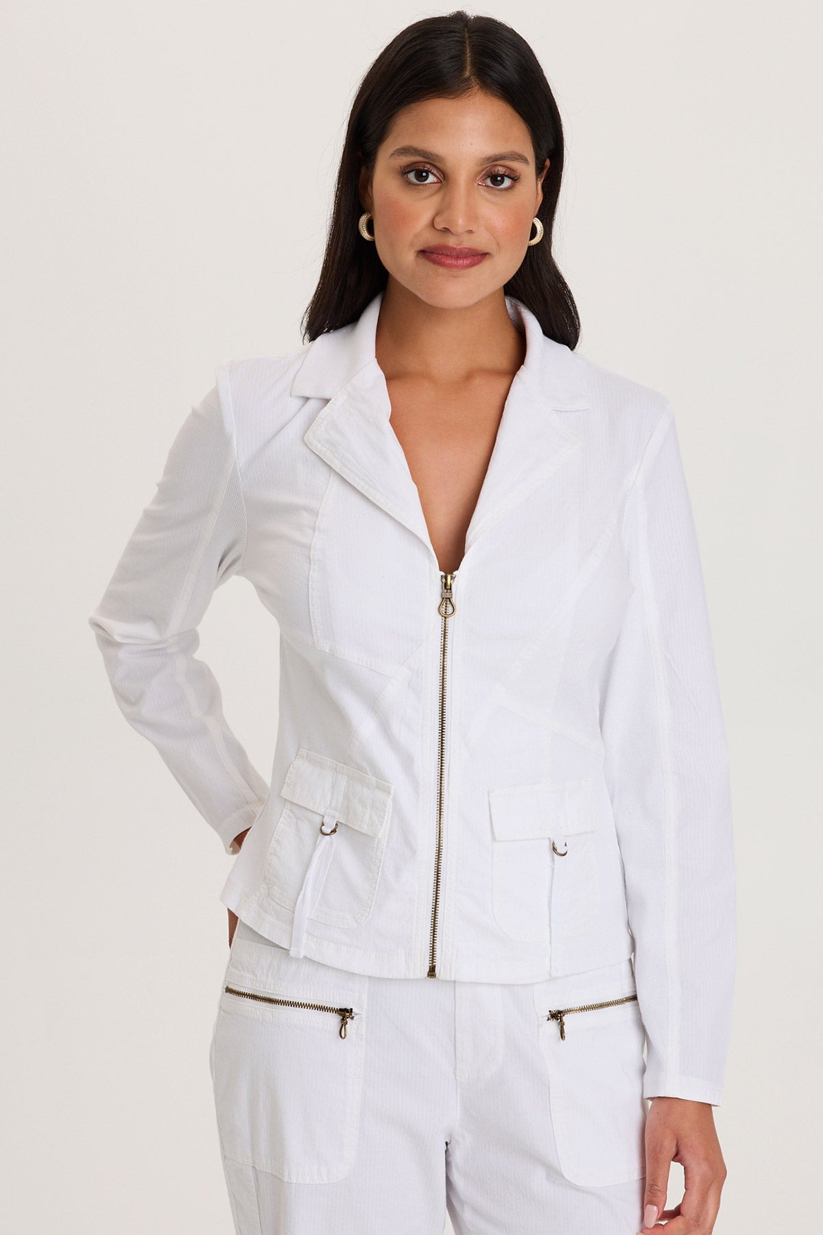 Riddell Twill/Rib Zip-Up Collared Jacket with Front Pockets and Stitch Detailing White - XCVI
