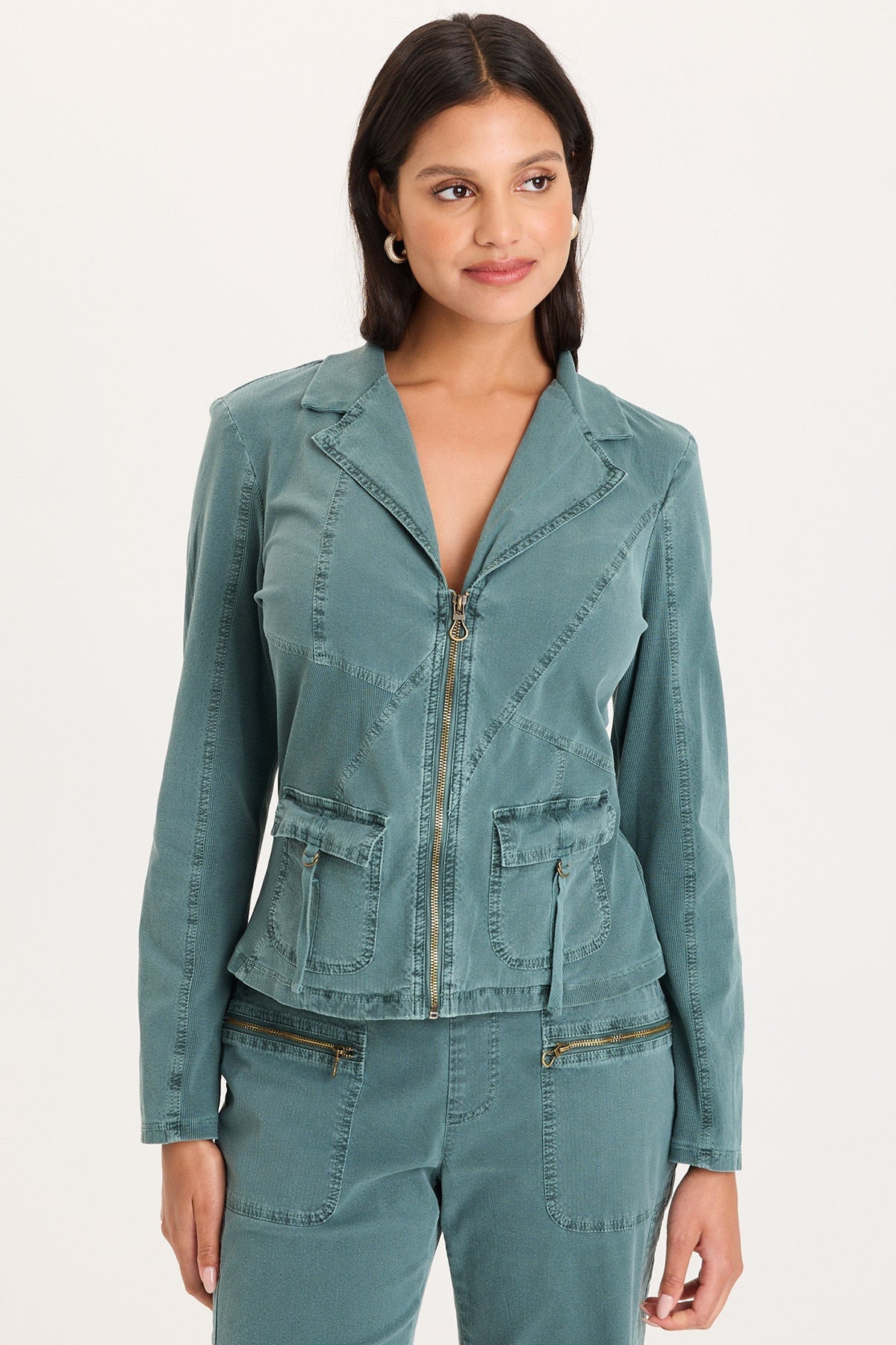 Riddell Twill/Rib Zip-Up Collared Jacket with Front Pockets and Stitch Detailing Ocean Storm Pigment - XCVI