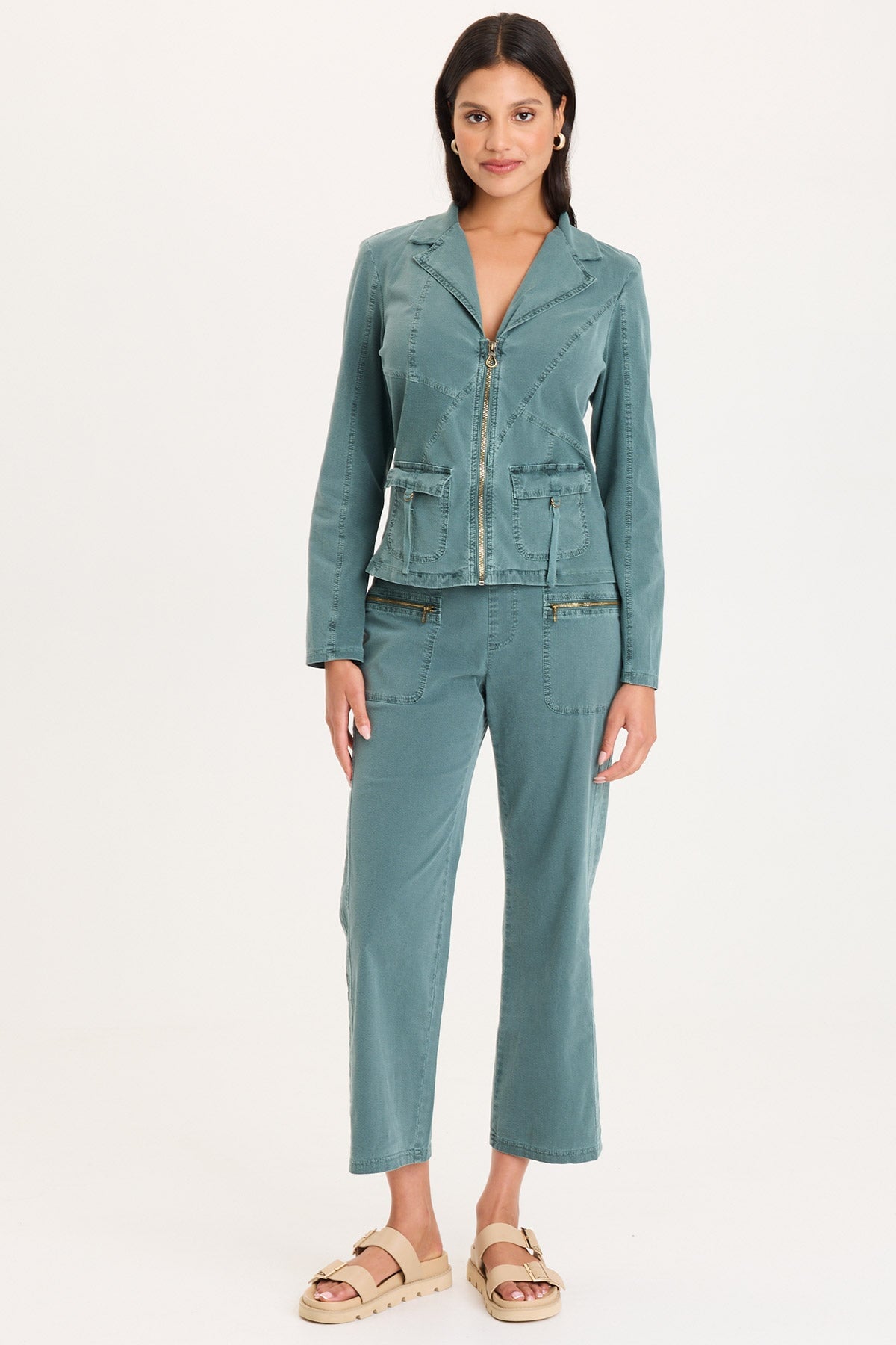 Riddell Twill/Rib Zip-Up Collared Jacket with Front Pockets and Stitch Detailing Ocean Storm Pigment - XCVI