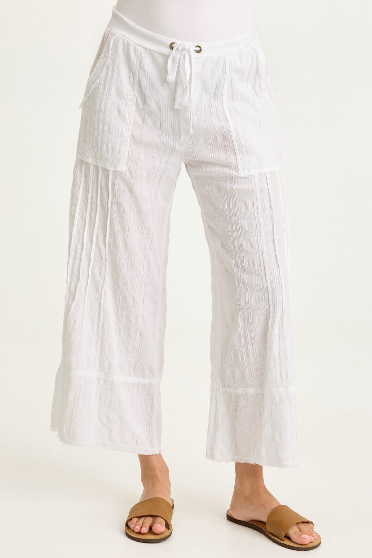 Wearables Doyen Textured Gauze Pin Tuck Raw Edge Detail Crop White - XCVI