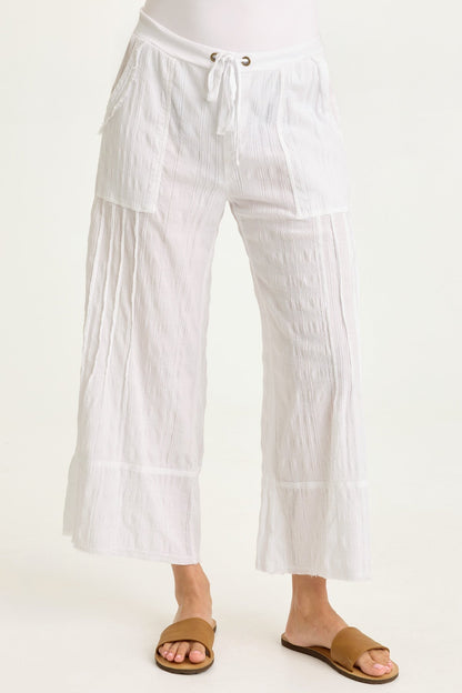 Wearables Doyen Textured Gauze Pin Tuck Raw Edge Detail Crop White - XCVI