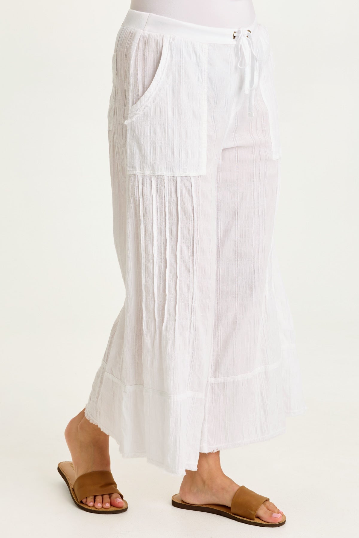 Wearables Doyen Textured Gauze Pin Tuck Raw Edge Detail Crop White - XCVI