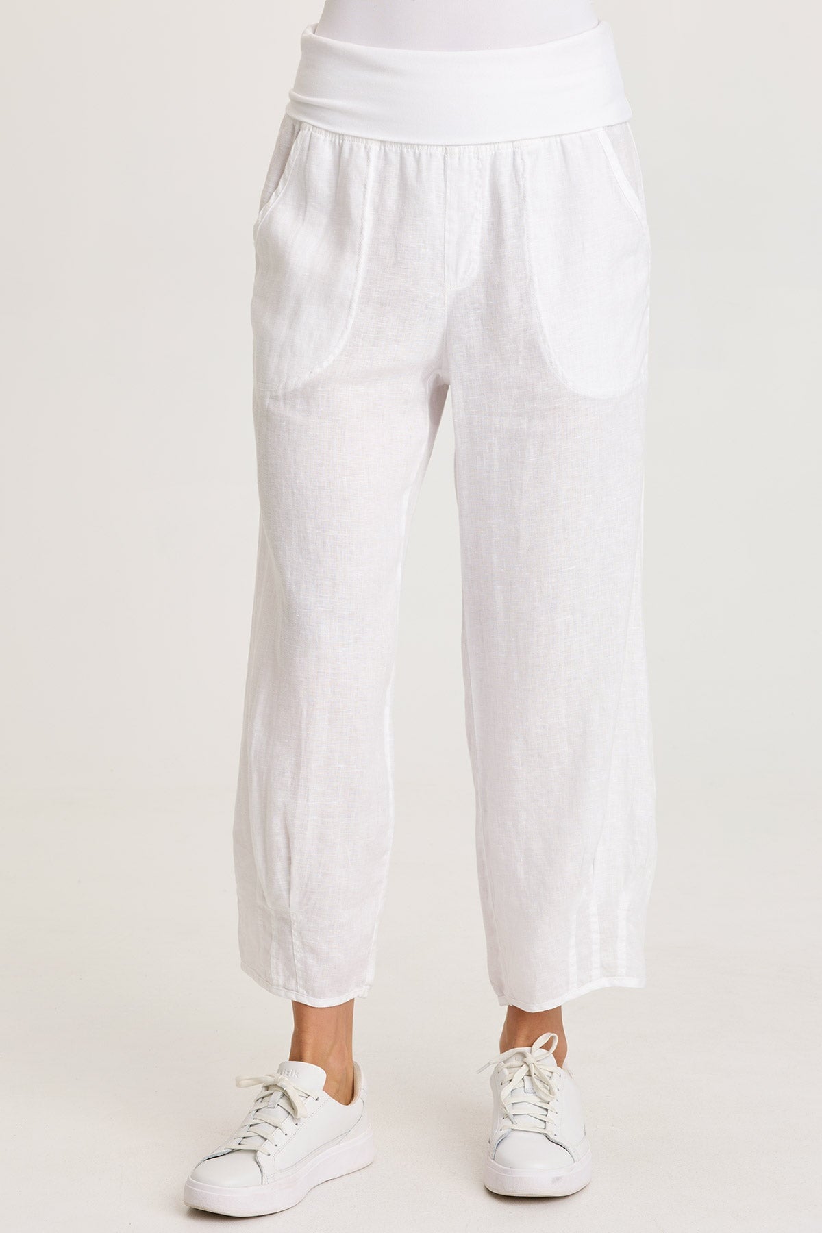 Vasco Linen Barrel Leg Fold-Over Waist Crop White - XCVI