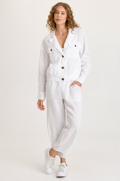 Vasco Linen Barrel Leg Fold-Over Waist Crop White - XCVI