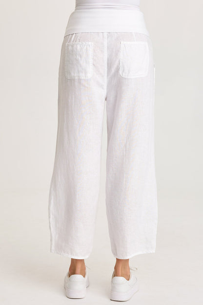 Vasco Linen Barrel Leg Fold-Over Waist Crop White - XCVI