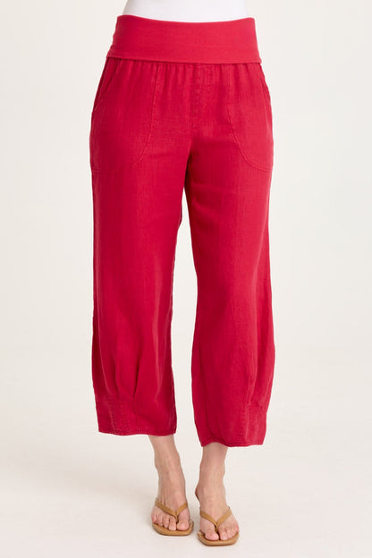 Vasco Linen Barrel Leg Fold-Over Waist Crop Red Garnet - XCVI
