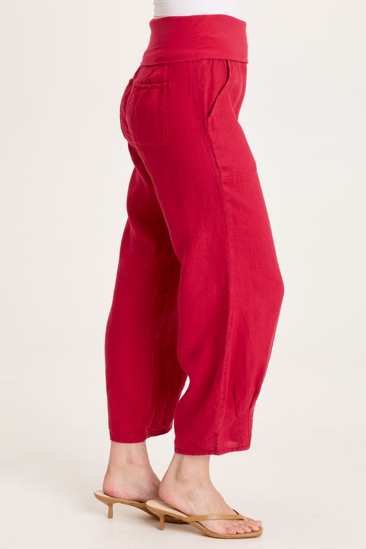 Vasco Linen Barrel Leg Fold-Over Waist Crop Red Garnet - XCVI