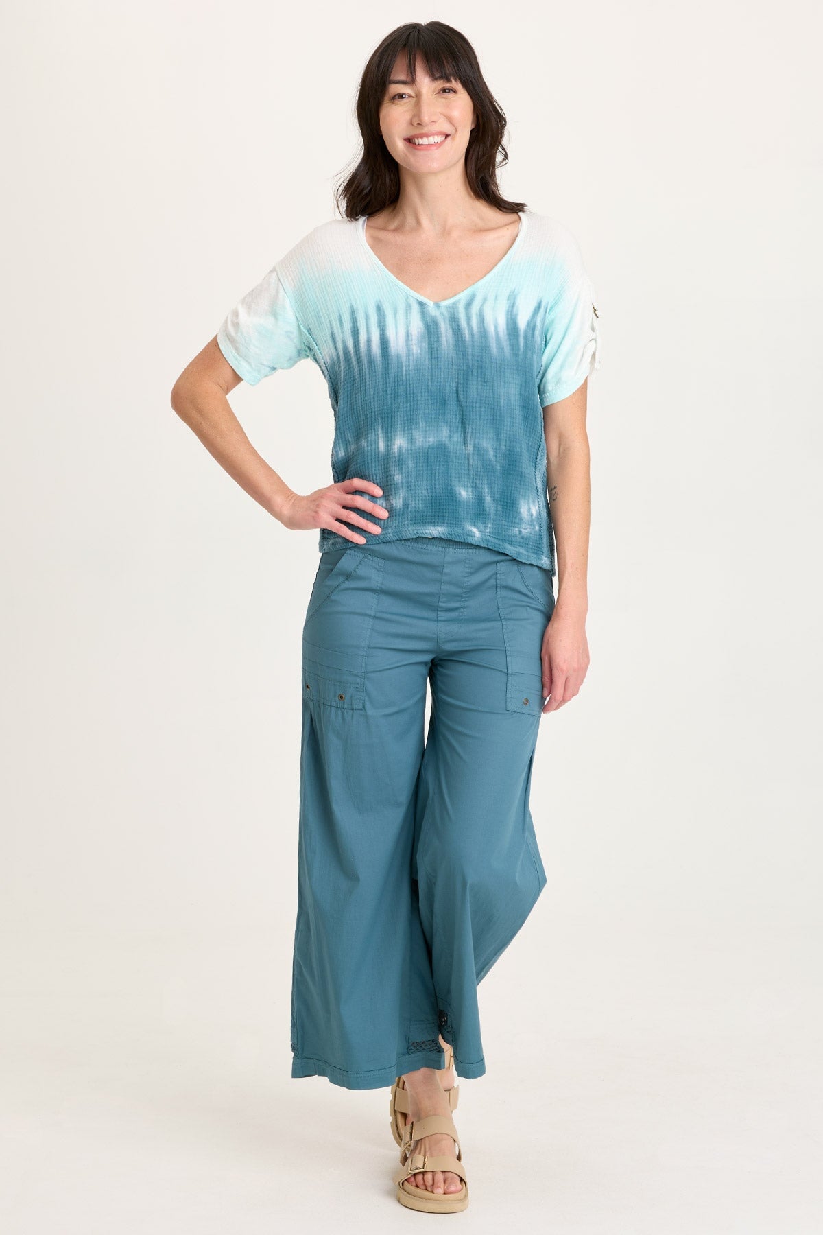 Roel Poplin/Mesh Gaucho Pull-On Crop Dark Night - XCVI