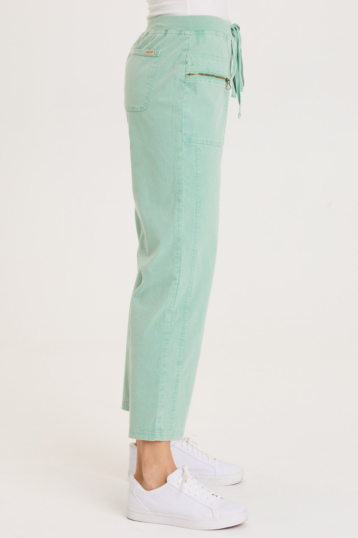 Darrow Flared Leg Pant with Zipper Pockets and Drawstring Waist Distress Wash Feldspar - XCVI