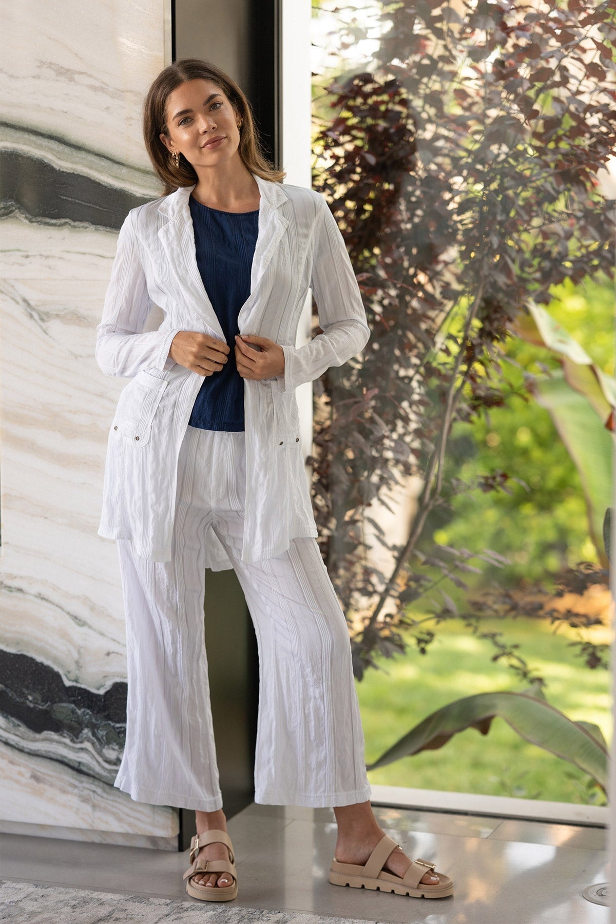 Textured Stripe Pull-On Flared Leg Carruth Crop Pant White - XCVI