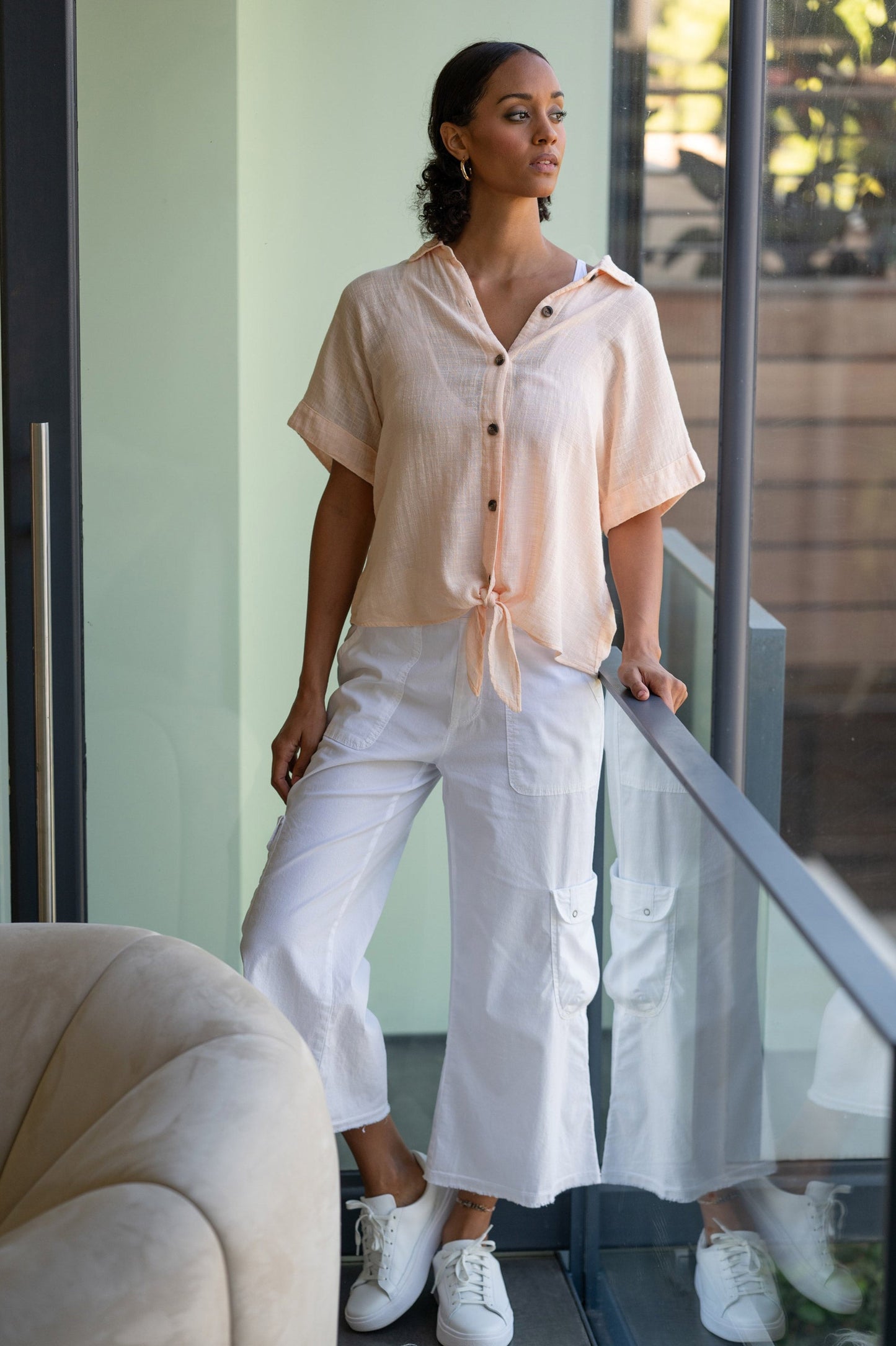 Femke Stretch Poplin Cargo Crop in White White - XCVI