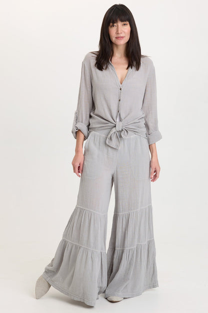 Wearables Lando Cotton Gauze Tiered-Bottom Pull-On Waist Wide Leg Pant Soft Pebble Pigment - XCVI