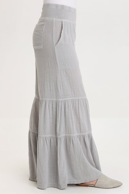 Wearables Lando Cotton Gauze Tiered-Bottom Pull-On Waist Wide Leg Pant Soft Pebble Pigment - XCVI