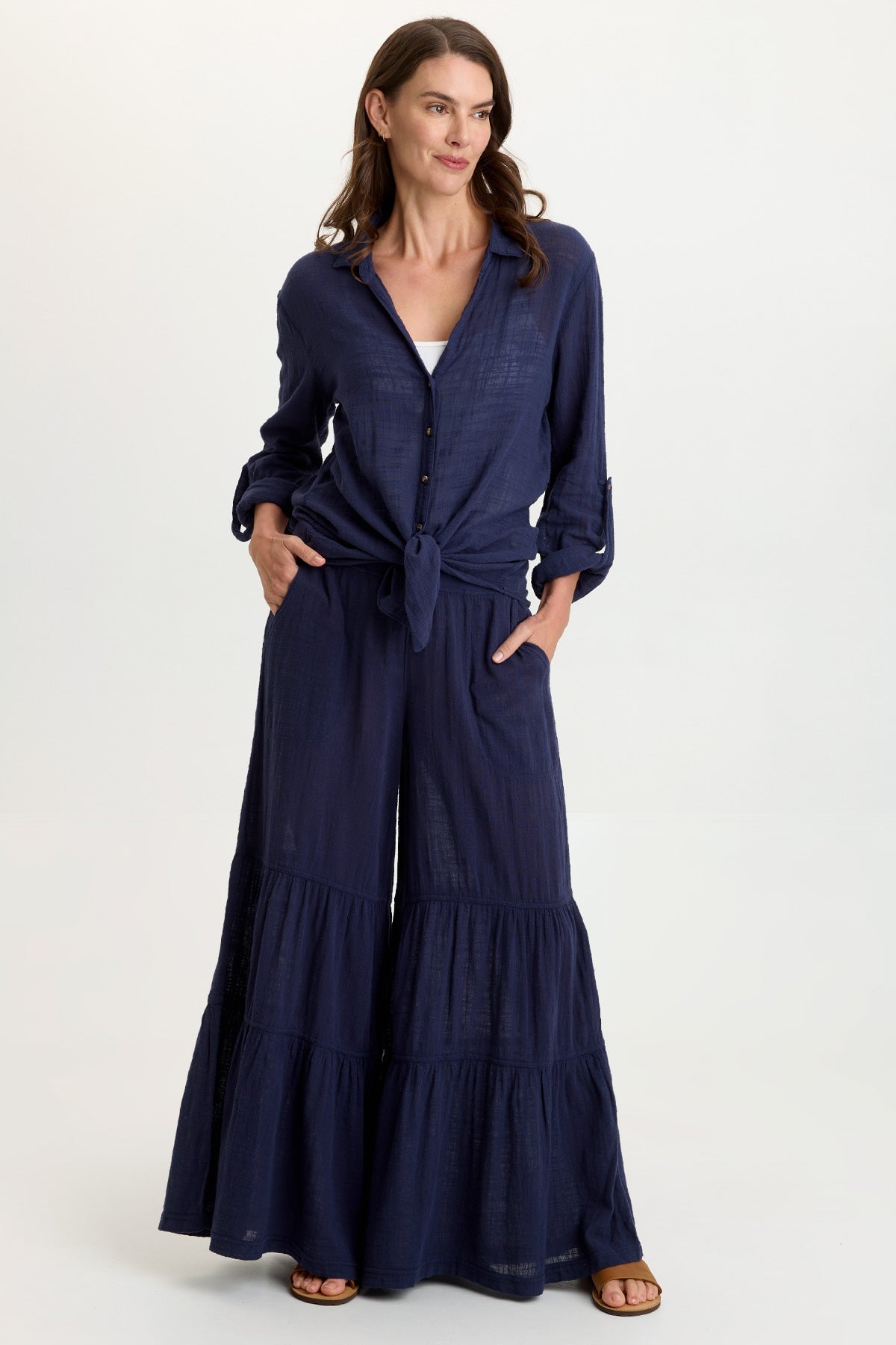 Wearables Lando Cotton Gauze Tiered-Bottom Pull-On Waist Wide Leg Pant Navy - XCVI