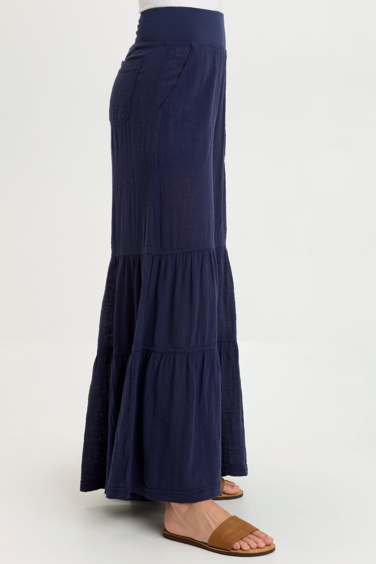 Wearables Lando Cotton Gauze Tiered-Bottom Pull-On Waist Wide Leg Pant Navy - XCVI