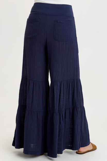 Wearables Lando Cotton Gauze Tiered-Bottom Pull-On Waist Wide Leg Pant Navy - XCVI